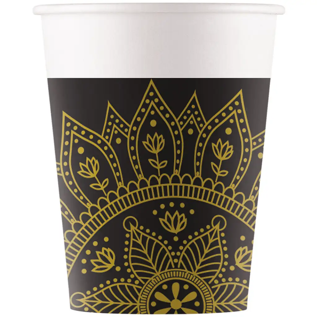 imagen de Vaso de papel negro-dorado Mandala set de 8 unidades 200ml 1