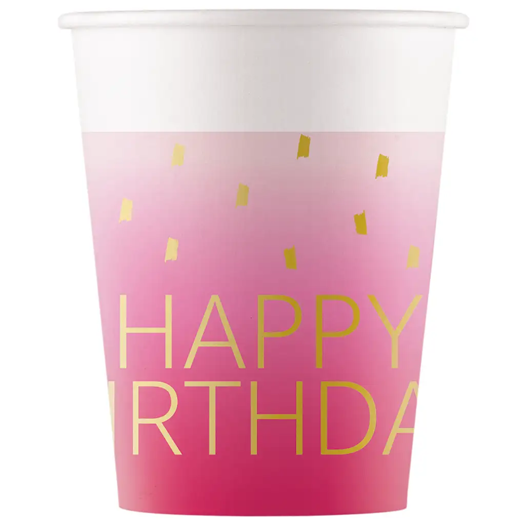 imagen de Vaso de papel rosa con la inscripción "Happy Birthday" de 200ml, set de 8 unidades 1