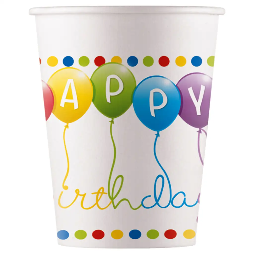 imagen de Vasos de papel de cumpleaños "Happy Birthday" con globos de colores 200 ml set de 8 1