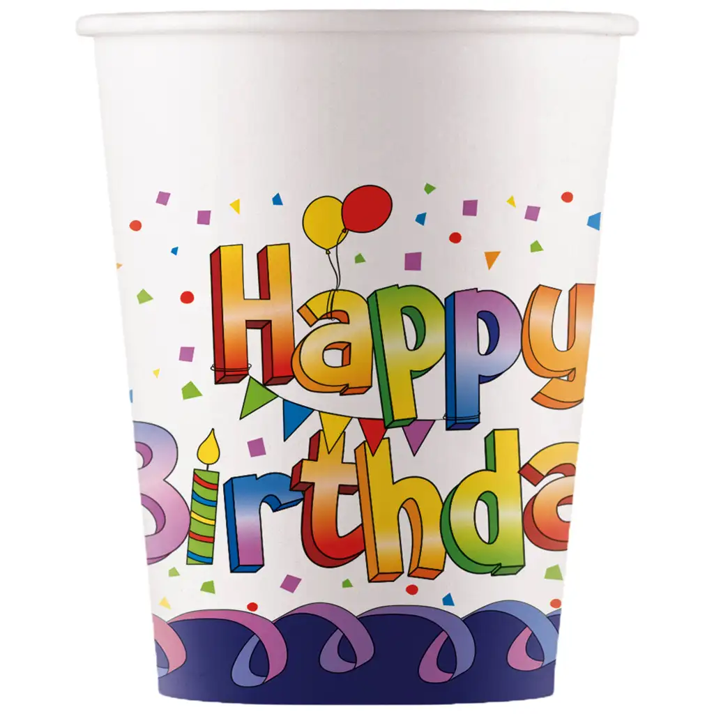 imagen de Vasos de papel "Happy Birthday" coloridos de 200 ml, set de 8 unidades 1