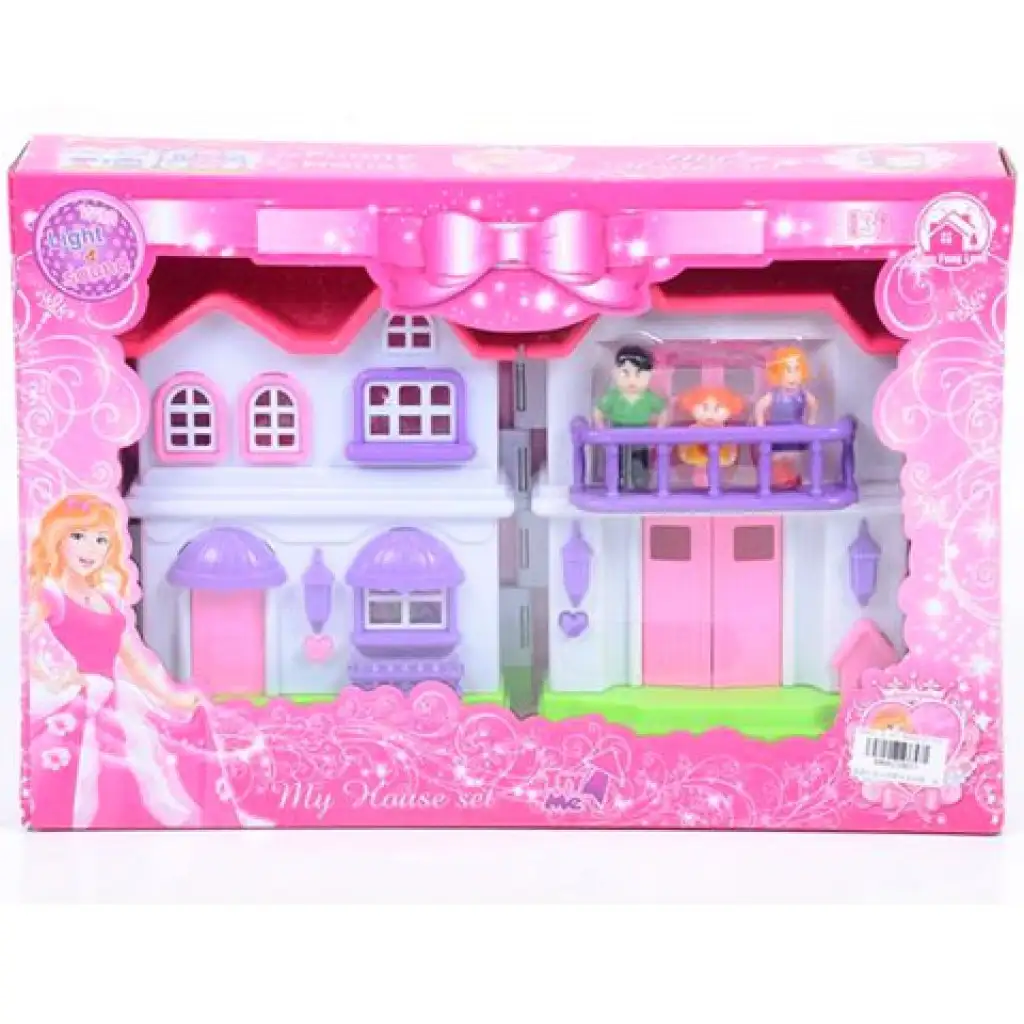 imagen de Villa familiar rosa con muebles y familia de muñecas 1