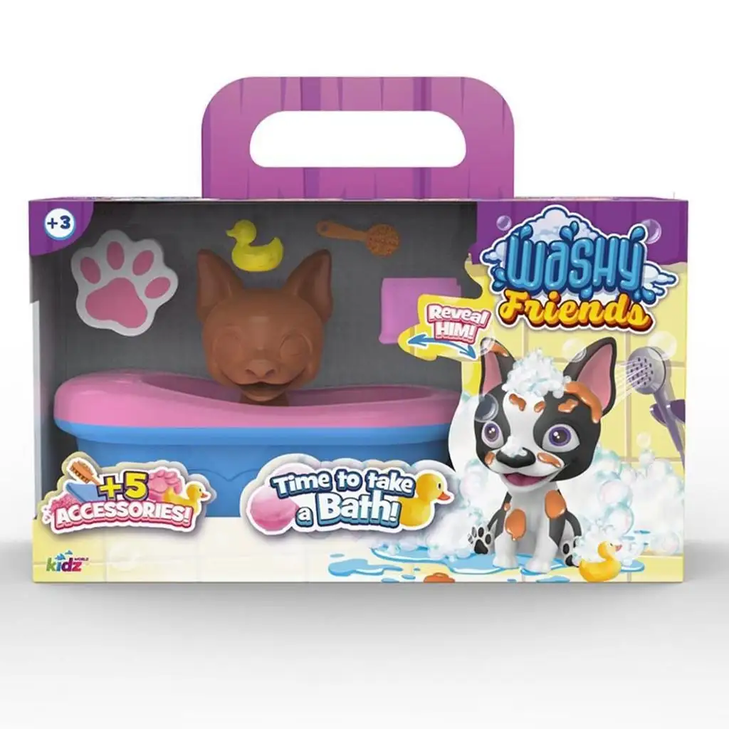 imagen de Washy Friends: Color Reveal perrito Boston Terrier de baño con bañera y accesorios 1