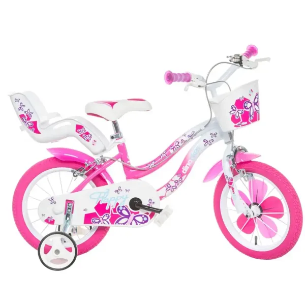 imagen de Bicicleta infantil Flappy de 16” con cesta y asiento para muñeca en color rosa-blanco – bicicleta Dino Bikes 1