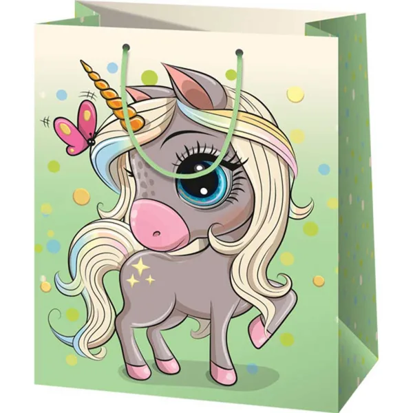 imagen de Bolsa de regalo grande exclusiva verde con estampado de unicornio 26x13x33cm 1