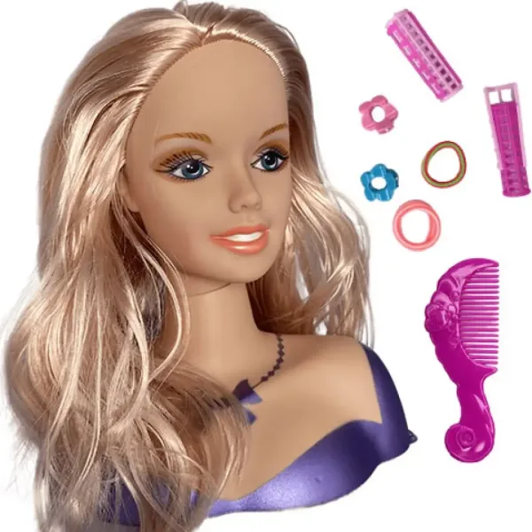 imagen de Cabeza de muñeca rubia peinable con rulos y accesorios 2