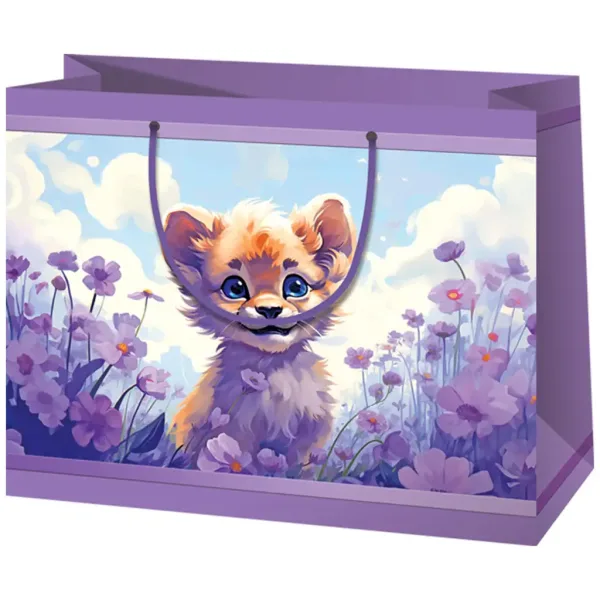imagen de Cartera de regalo exclusiva de tamaño mediano en color púrpura con cachorro de león y flores 18x10x23cm 1