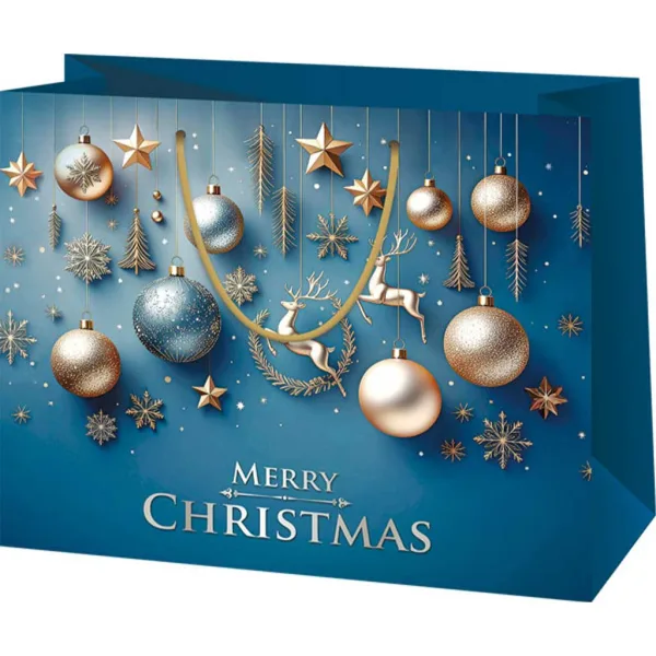 imagen de Feliz Navidad bolsa de regalo mediana de color azul con adornos dorados y plateados y renos 1