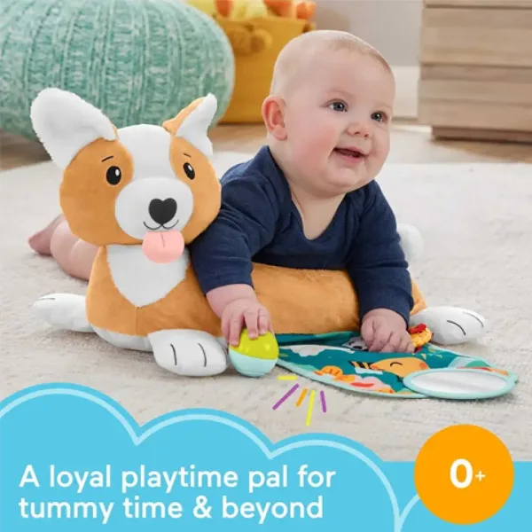 imagen de Fisher-Price: Corgi Puppy Almohada de pancita con sonajero, mordedor y espejo - Mattel 2
