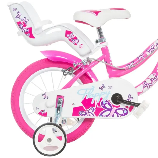 imagen de Flappy 14” bicicleta infantil con cesta y asiento para muñeca en color rosa-blanco – Dino Bikes bicicleta 2