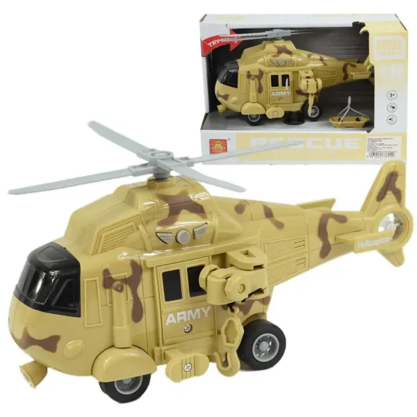 imagen de Fuerzas Armadas: Helicóptero de combate color arena con camuflaje y efectos de luz y sonido escala 1/20 21cm 1