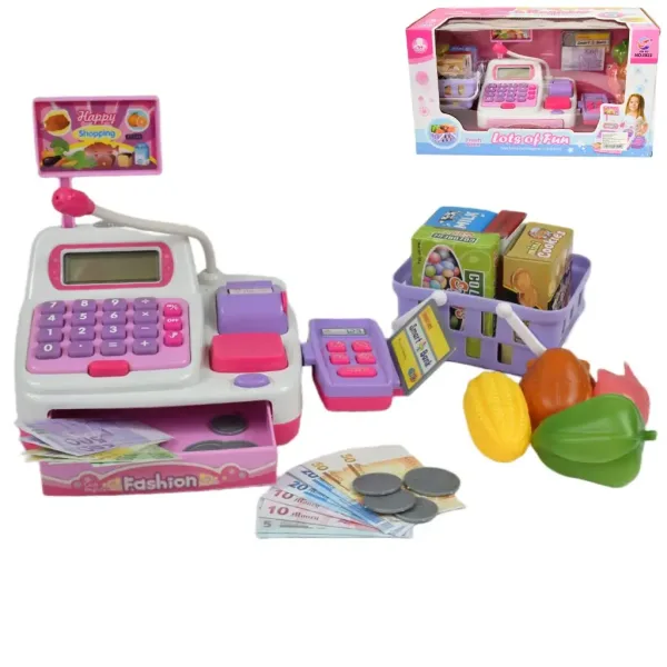 imagen de Happy Shopping: Caja registradora electrónica blanca-rosa con sonido y accesorios 22,5x17cm 1