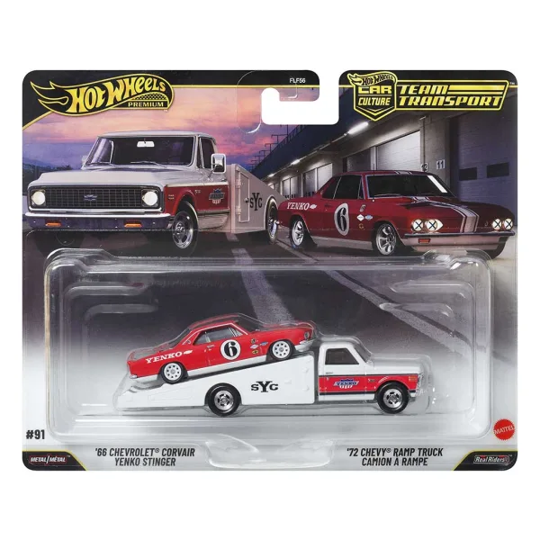 imagen de Hot Wheels: Camión transportador '72 Chevy Ramp Truck y cochecito '66 Chevrolet Corvair 1/64 - Mattel 1