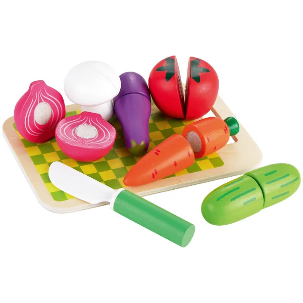 imagen de Juego de verduras de madera cortables con tabla de cortar y cuchillo 1