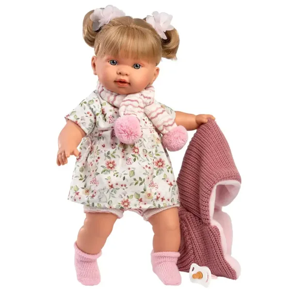 imagen de Llorens: Alexandra muñeca llorona de 42 cm con chupete en abrigo de punto rosa y falda con flores 3