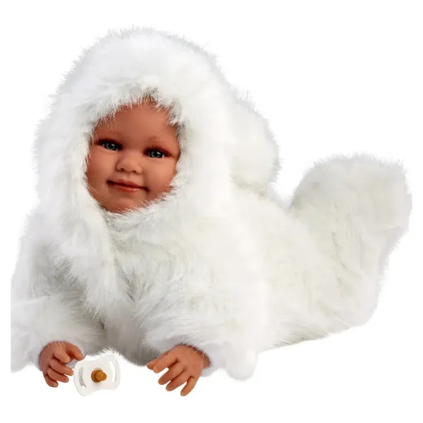 imagen de Llorens: Luka muñeca sonriente de 45 cm con chupete en abrigo de terciopelo blanco 3