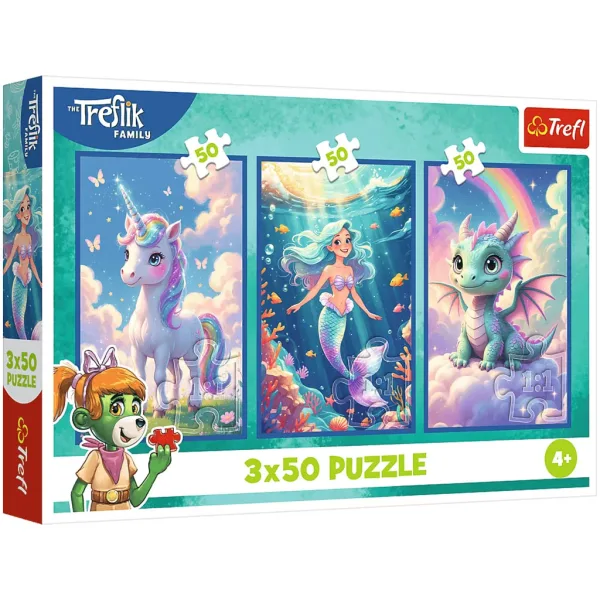 imagen de Mundo de cuentos colorido – puzzle de 3 x 50 piezas con unicornio, sirena y dragón – Trefl 1