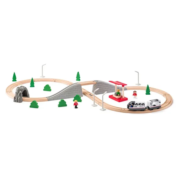 imagen de Pista de tren de madera ensamblable con tren de pasajeros y otros accesorios de 45 piezas - Woodyland 2