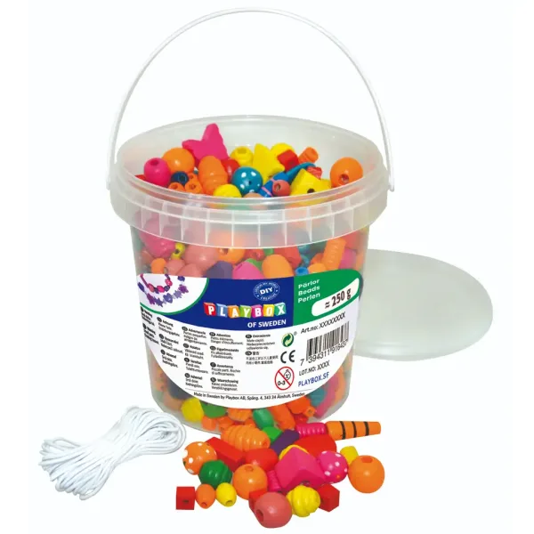 imagen de PlayBox: Set de cuentas de madera de colores para ensartar en cubo de 250gr 1
