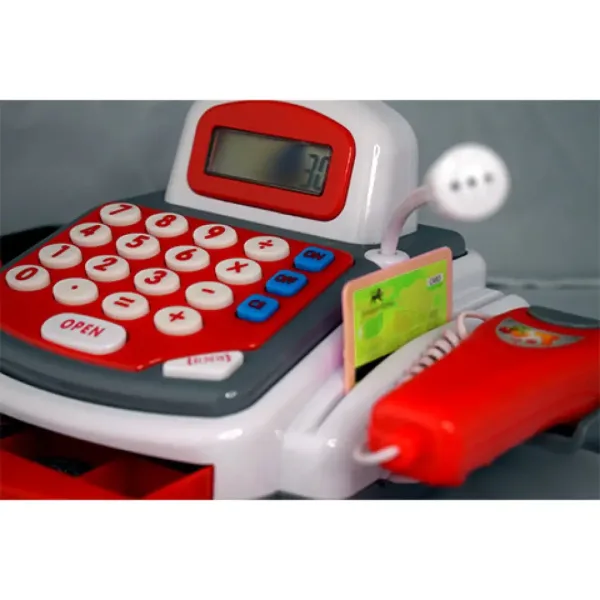 imagen de Registradora eléctrica funcional roja con cinta transportadora, productos y sonido 7