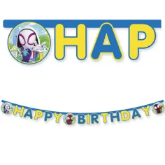 Banner de fiesta de cumpleaños de Spidey con la inscripción "Feliz Cumpleaños"