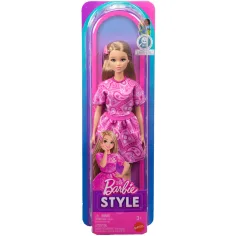 Barbie: Muñeca de moda Fashionista con amigas en vestido rosa con estampado de pañuelo - Mattel