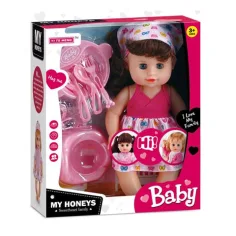 Bebé alimentado con ropa rosa, orinal y accesorios, con sonido