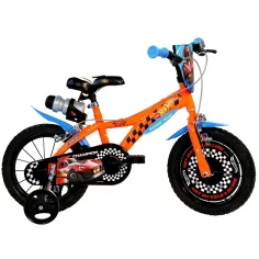 Bicicleta infantil Hot Wheels de 16” con portabotellas y ruedas laterales en color naranja-negro – bicicleta Dino Bikes