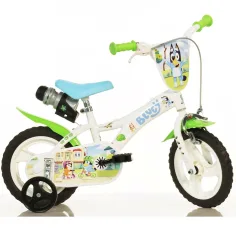 Bluey 12” bicicleta infantil con portabotellas y ruedas laterales en color blanco-azul-verde – Dino Bikes bicicleta