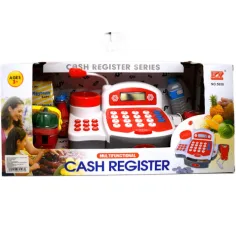 Caja registradora eléctrica funcional roja con dinero de juguete, productos y sonido