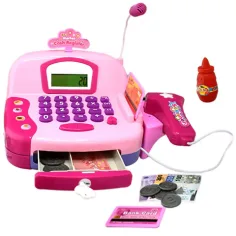 Caja registradora eléctrica rosa con micrófono, dinero de juguete y sonido