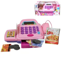 Caja registradora electrónica rosa con luz y sonido, con dinero de juguete 25x14cm