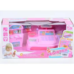 Caja registradora rosa con dispensador de bebidas, luz y sonido