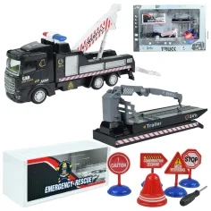 Camión de Ciudad: Camión de rescate transformable con ruedas de fricción y señales de tráfico de 19cm