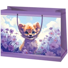 Cartera de regalo exclusiva de tamaño mediano en color púrpura con cachorro de león y flores 18x10x23cm