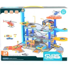 Casa de estacionamiento de tres niveles con helicóptero y dos coches pequeños