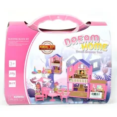 Casa de muñecas rosa Dream Home construible con accesorios en maletín