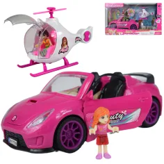 Coche Deportivo de Moda: Set de coche deportivo rosa con luz y sonido, helicóptero