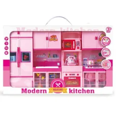 Cocina moderna rosa con accesorios, luz y sonido
