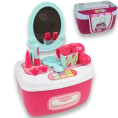 Conjunto de belleza con mesa de tocador con espejo y maquillaje en caja de almacenamiento
