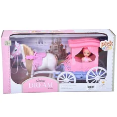 Conjunto de carroza de ensueño con caballo y muñeca de 7,5 cm en color rosa