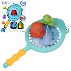 Conjunto de juego de baño con red de pesca y animales que salpican