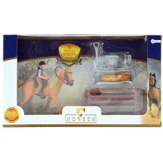 Conjunto de juego de caballos con caballo marrón y jinete