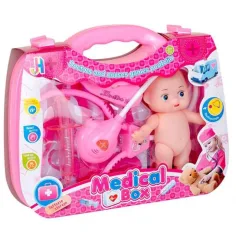 Conjunto médico rosa con muñeca y accesorios en maletín