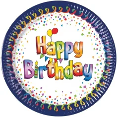 Divertido plato de papel azul y blanco con la inscripción "Happy Birthday" - set de 8 unidades