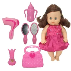 Dorina muñeca meona de cabello castaño de 36 cm con set de peluquería, accesorios y efectos de sonido
