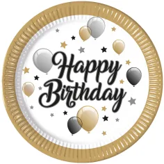 Elegante juego de platos de papel de 8 unidades con el texto "Happy Birthday"