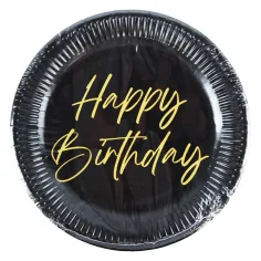 Elegante plato de papel negro y dorado con la inscripción "Happy Birthday" set de 8 unidades 23cm