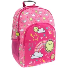 Emoji: Mochila escolar rosa con estampado de caritas sonrientes, mochila 33x16x45cm