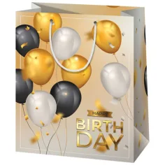 ¡Feliz Cumpleaños! bolsa de regalo exclusiva mediana con globos dorados 18x10x23cm