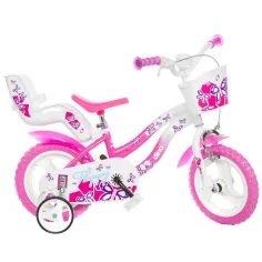 Flappy 12” bicicleta infantil con cesta y asiento para muñecas en color rosa-blanco - Dino Bikes bicicleta